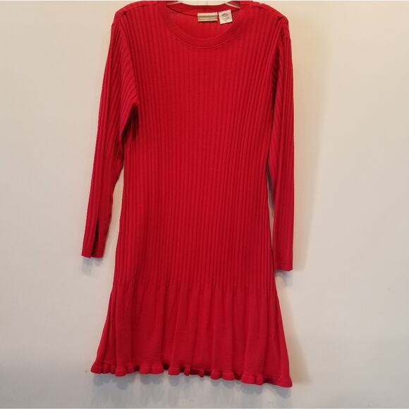 Red Knit Dress Vintage 90s Stretch Long Sleeve Round Neck Petites Women's Size L - Picture 1 of 12
